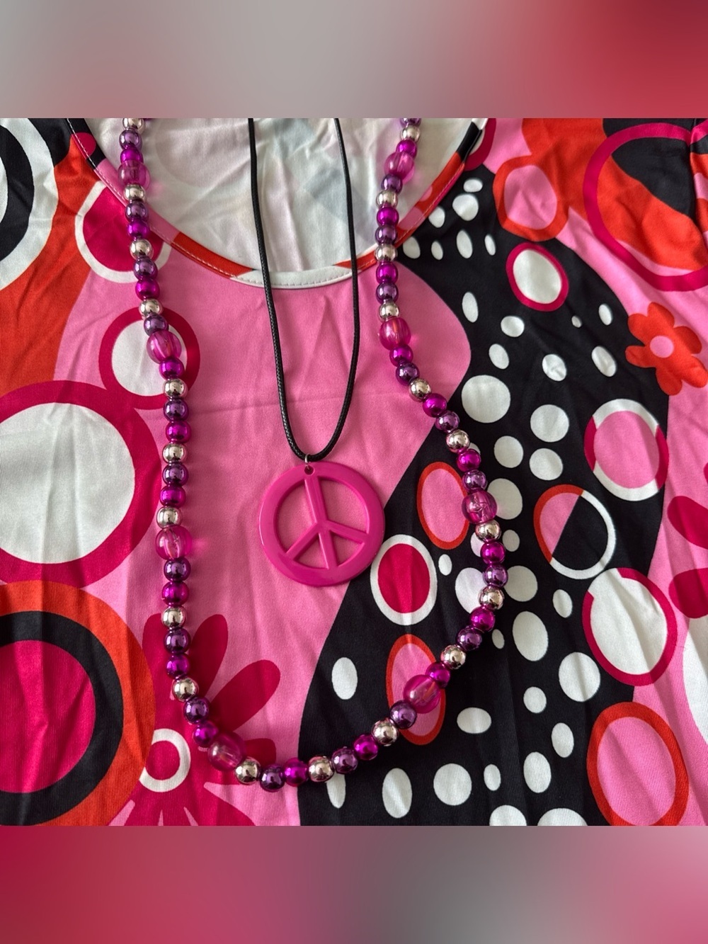 Womens Pink Black Orange Hippie Halloween Costume Dress Necklace Glasses - Picture 4 of 8